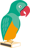 Papegoja som står på tändsticksask, illustration.
