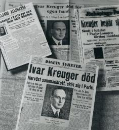 Tidningar med rubriker kring Kreugers död.