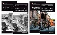 Historisk folder med en svartvit bild över träupplaget. Vandringskartan är i färg med en man som går med sin hund.