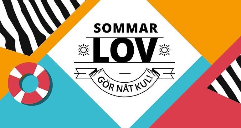 Text Sommarlov Gör något kul. Gul, blå och röd bakgrund. En bad ring i rött och vitt.